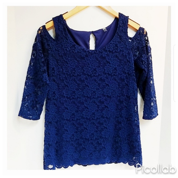Tops - 🐩Royal Blue Overlay Lace Cold-Shoulder Top